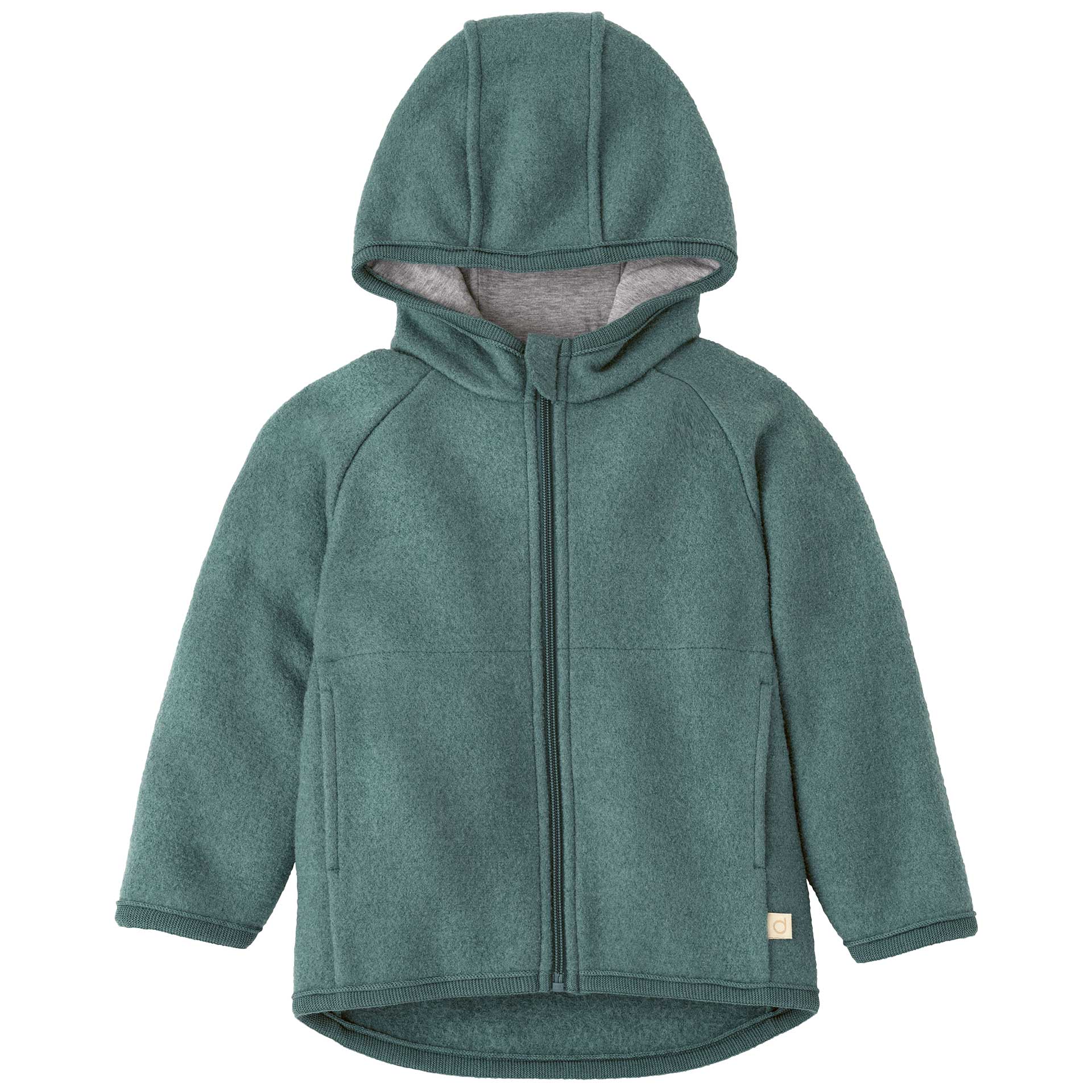 disana Walk-Jacke Zipp Eukalyptus, Wollwalk&Jerseyfutter: Bio-Merinowolle, mit Kapuze, 2 Taschen, Reißverschluß & Raglanärmel