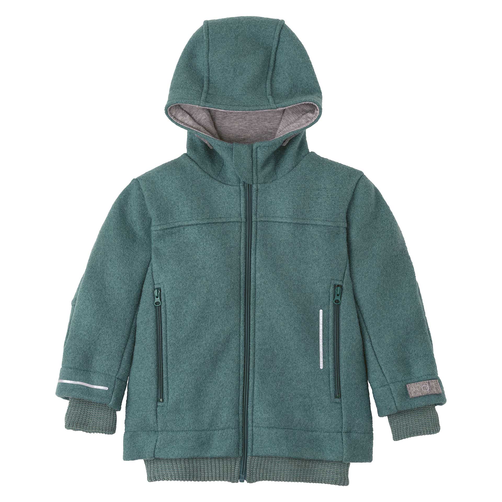 disana Outdoor-Jacke Eukalyptus, Wollwalk&Jerseyfutter: Bio-Merinowolle, Kapuze, Zipper-Taschen, Strickbündchen an Arm & Leib