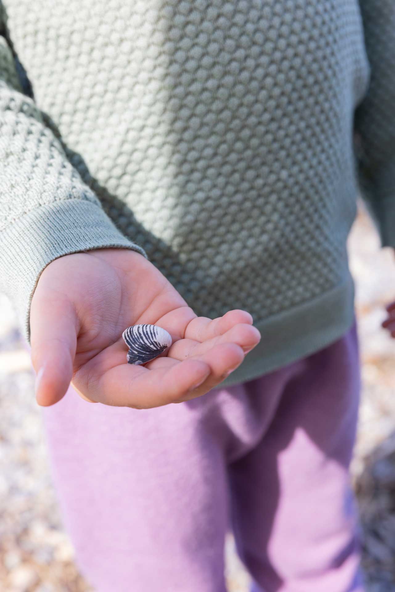 A child wearing a disana honeycomb pullover in jade holds a seashell, Bloomers in lilac visible - Spring/Summer collection