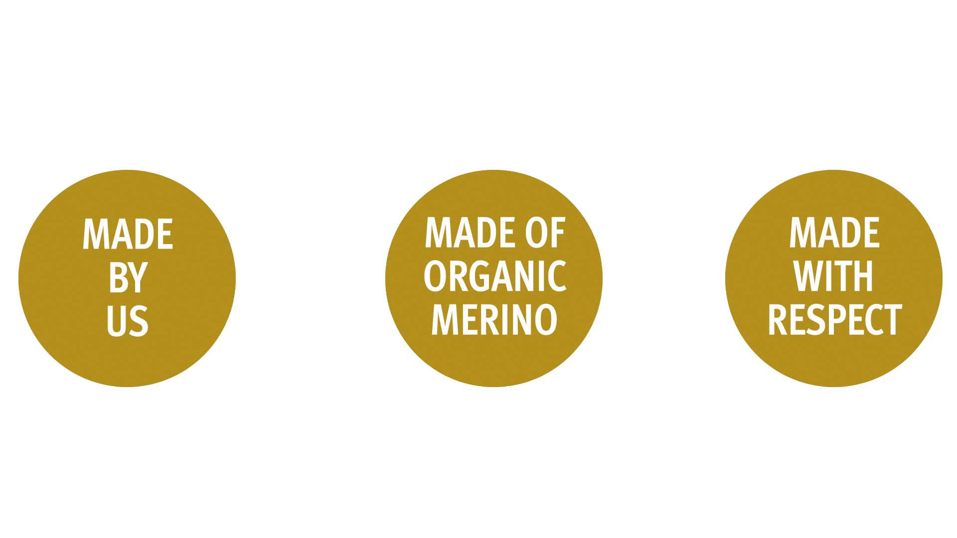 drei goldene Kreise mit jeweiligem weißen Text: MADE BY US - MADE OF ORGANIC MERINO - MADE WITH RESPECT